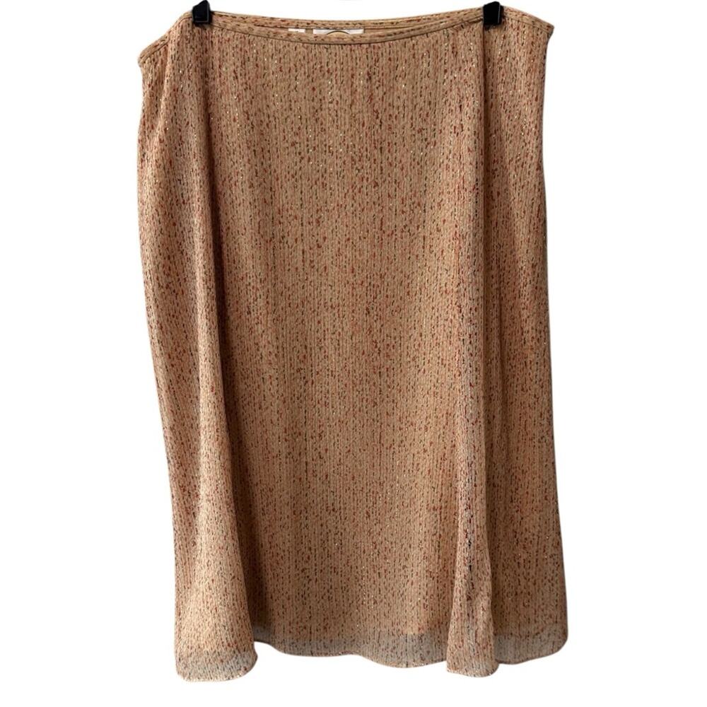 Talbots Silk Lurex Gored Side Zip Below Knee Skirt Tan Metallic Print Size 16